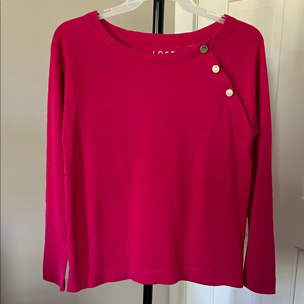 LOFT Hot Pink Long Sleeve Top with Button Detail, Medium